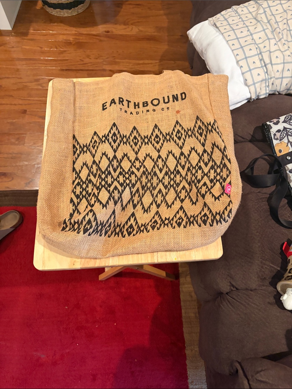 EARTHBOUND Tan Jute Tote with Black Aztec Pattern